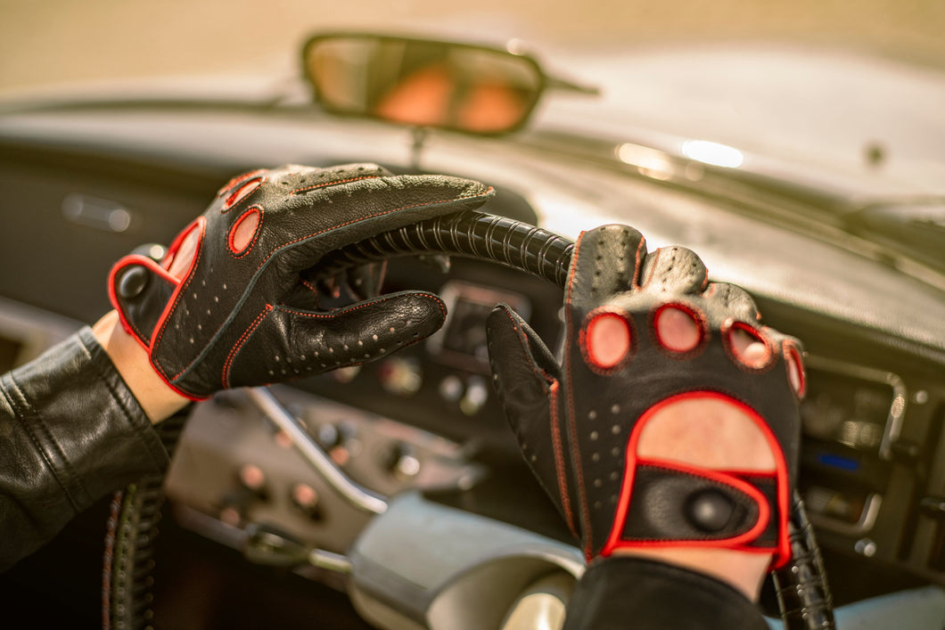 Riparo Black/Red Men's Reverse Stitched Touchscreen Compatible Leather Driving Gloves